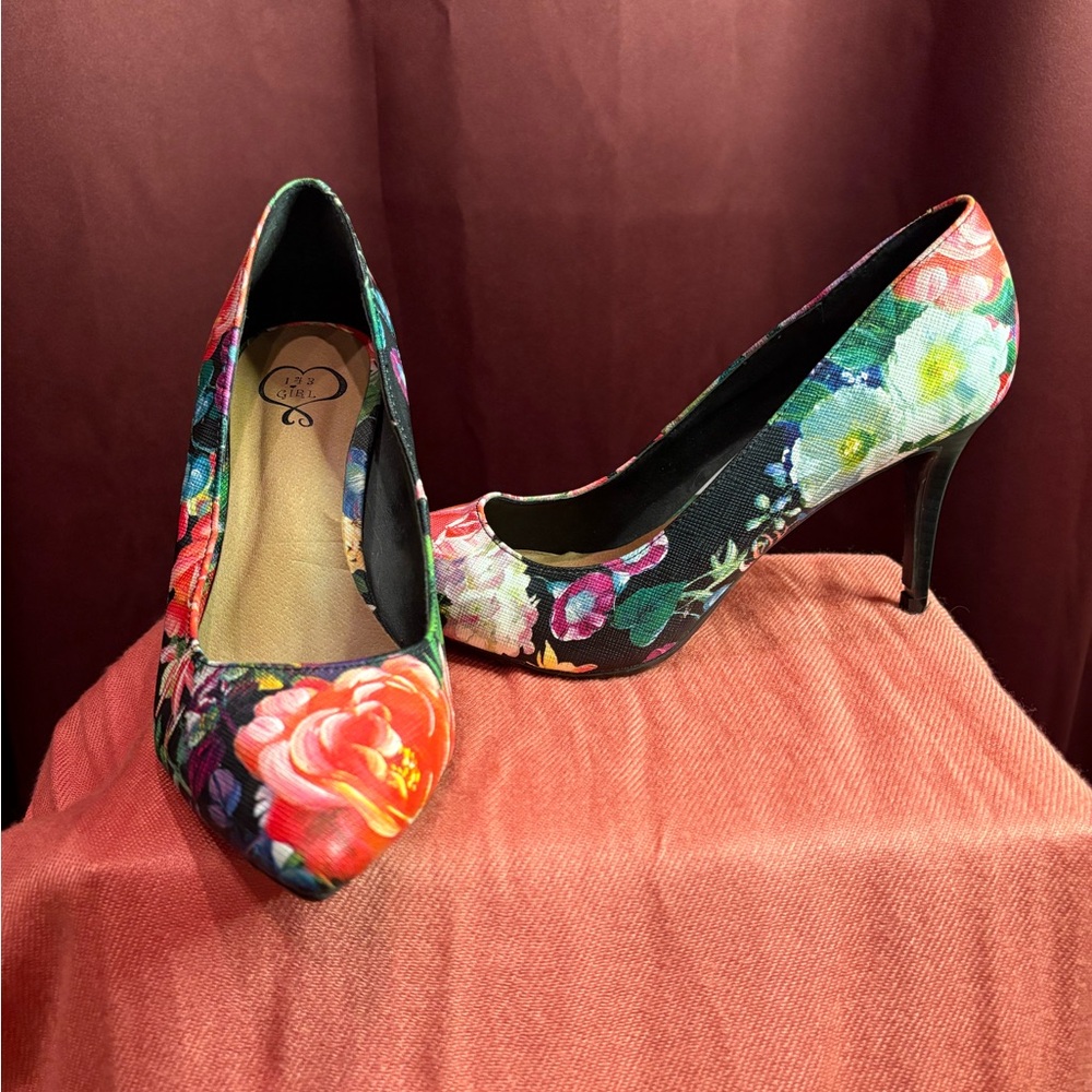 143 Girl Red and Pink Heels Vibrant Floral Pumps